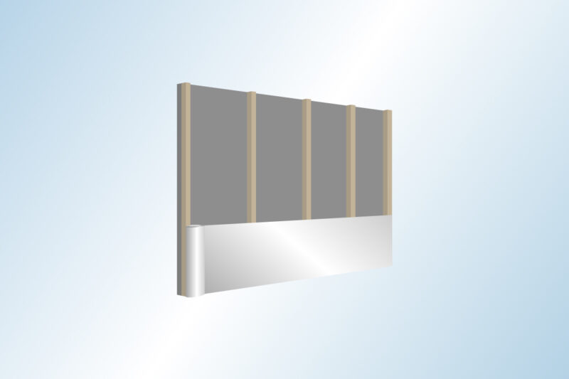 Grafik einer grauen Wand mit vertikaler Holzlattung und ISUM-Closed Dämmbahn